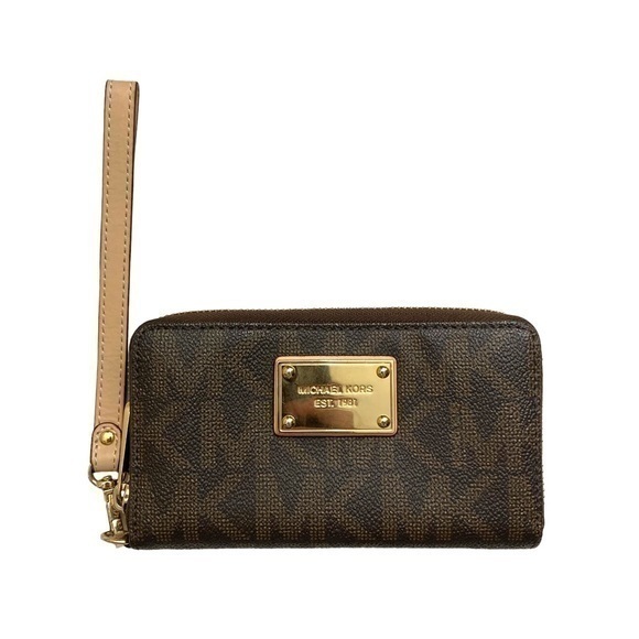 Michael Kors brown khaki mk zipper wristlet clutch wallet - Picture 1 of 6